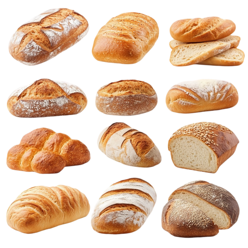 Selection of artisan loaves and sliced baked breads food isolated on transparent background png