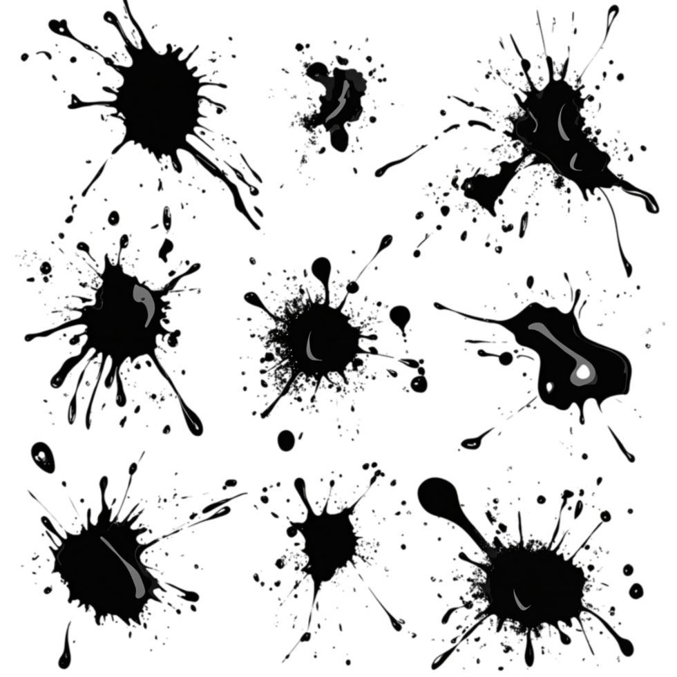 Abstract splatters and drops on a dark textured canvas isolated on transparent background png