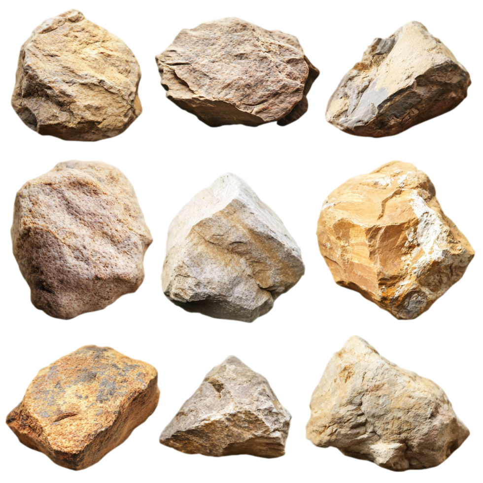 Collection of various rocks and stones on transparent isolated on transparent background png
