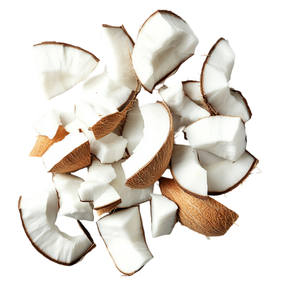 Fresh coconut pieces for food preparation and beverages isolated on transparent background png