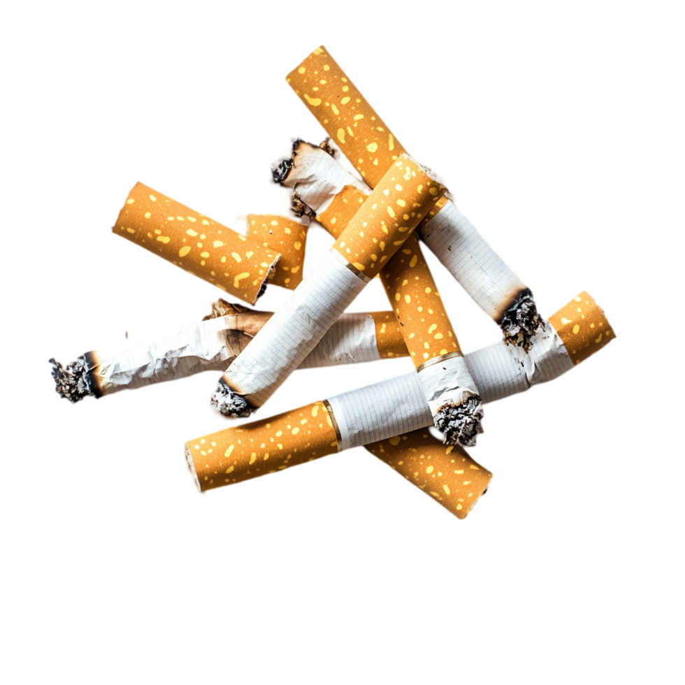 Pile of cigarette butts ash unhealthy smoking addiction isolated on transparent background png