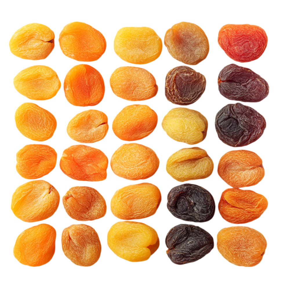 Dried apricots and prunes arrangement food presentation isolated on transparent background png
