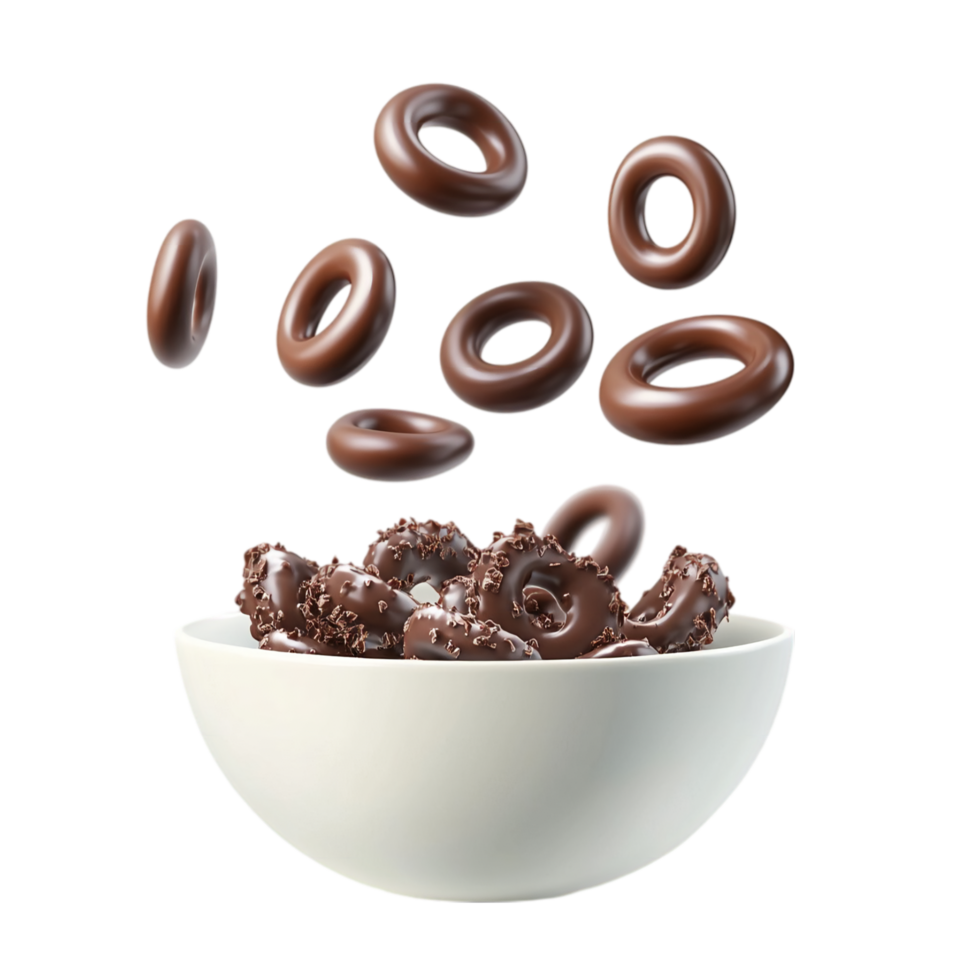 Delicious chocolate rings falling into a white bowl isolated on transparent background png