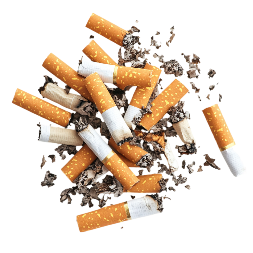 Collection of cigarette butts and ash top down view isolated on transparent background png