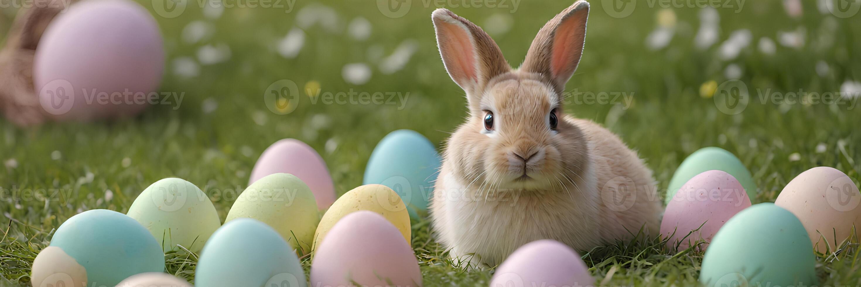 A bunny is surrounded by colorful eggs photo
