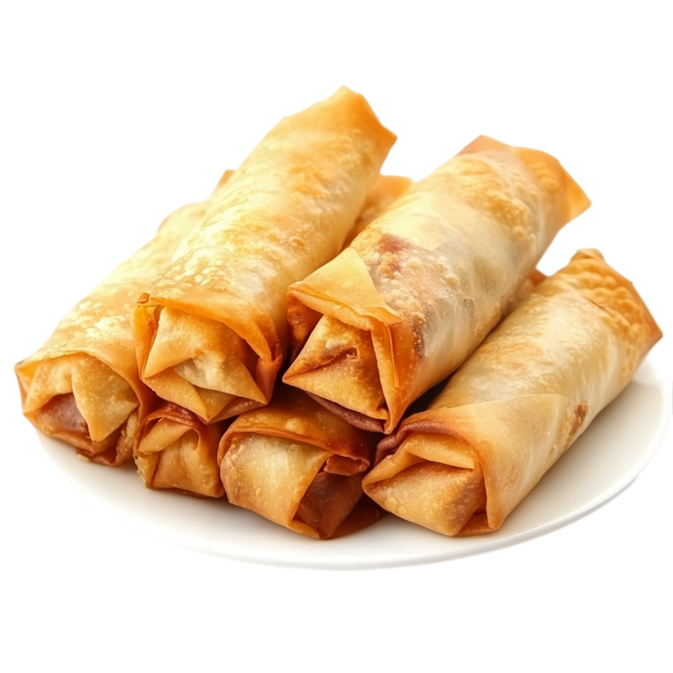 Delicious crispy spring rolls on a white plate cuisine isolated on transparent background png