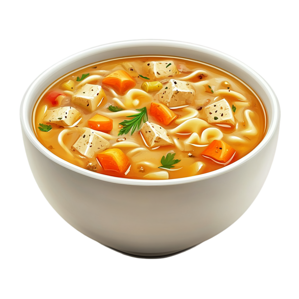 Delicious chicken noodle soup bowl with fresh vegetables isolated on transparent background png