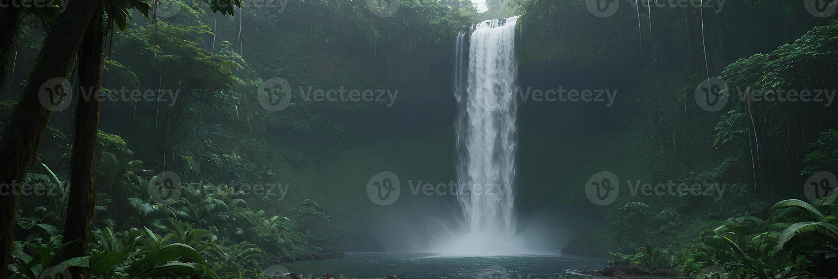 A waterfall in the jungle with a large tree in the middle photo