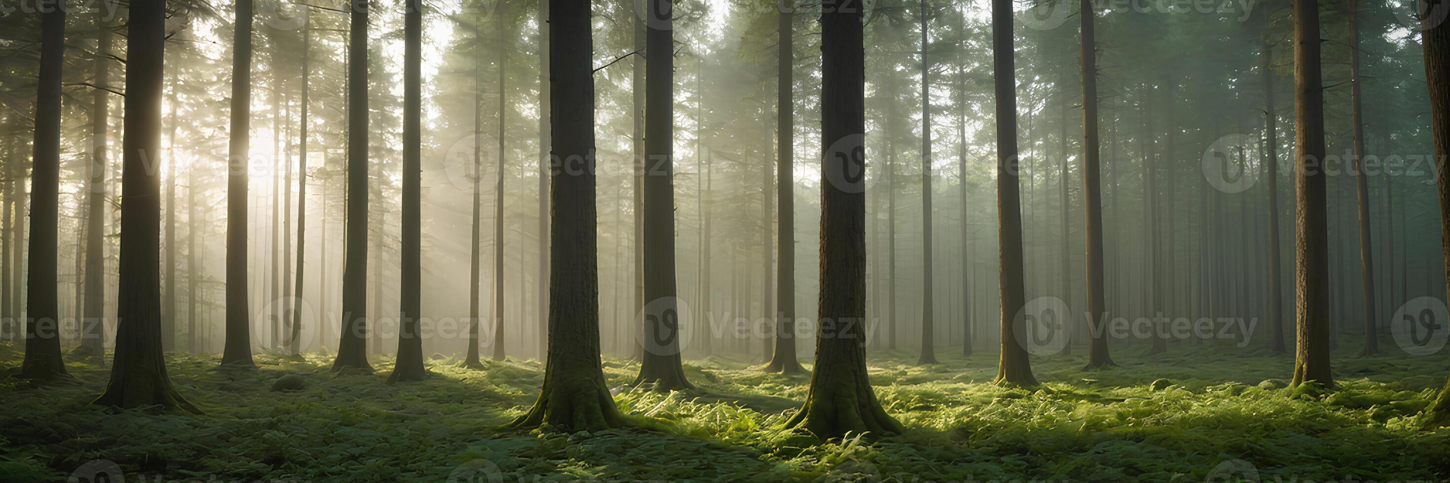 A forest with tall trees and green grass photo