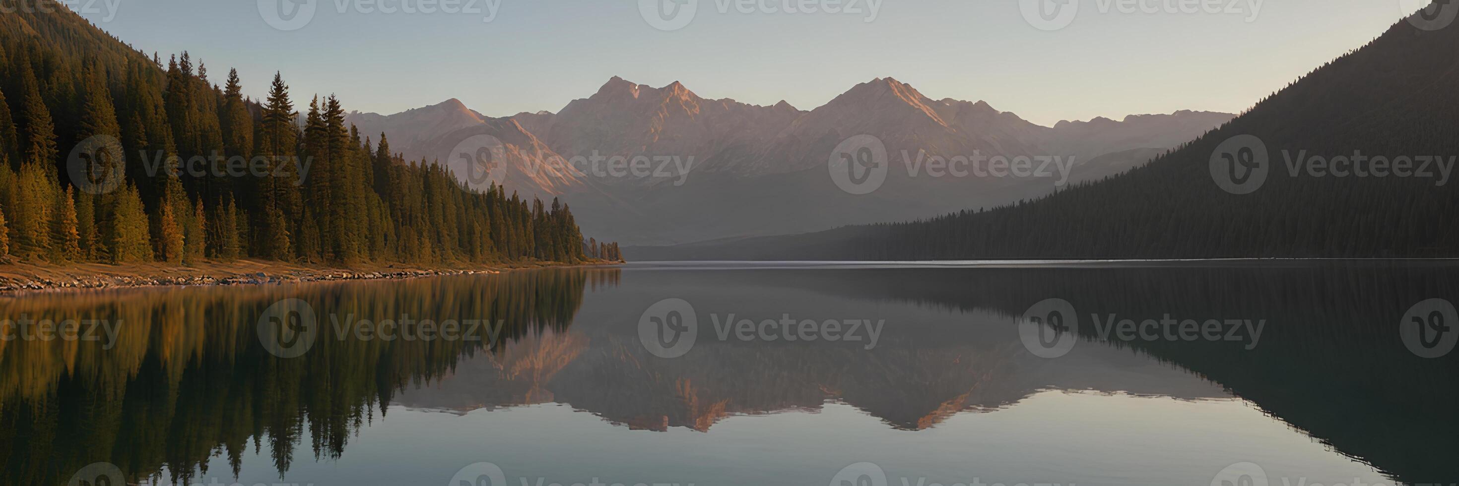 A mountain range is reflected in a lake photo