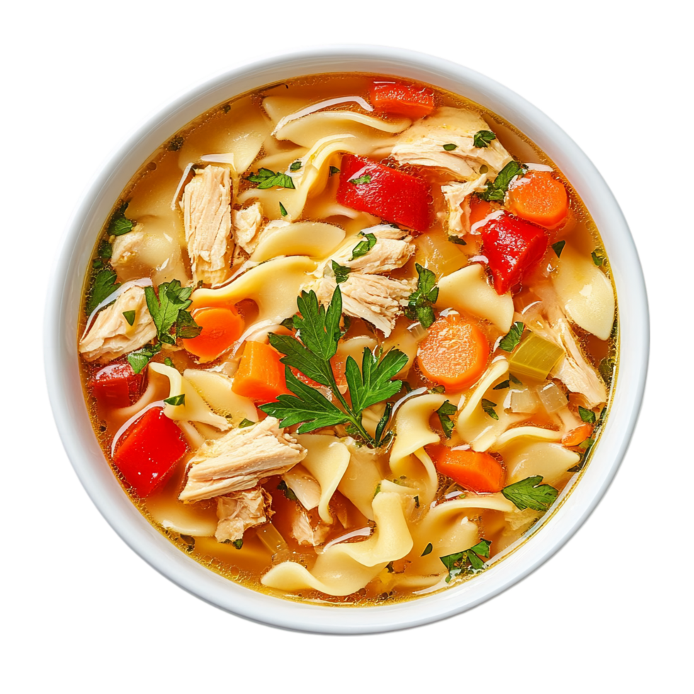Bowl of noodle soup with poultry and fresh vegetables isolated on transparent background png