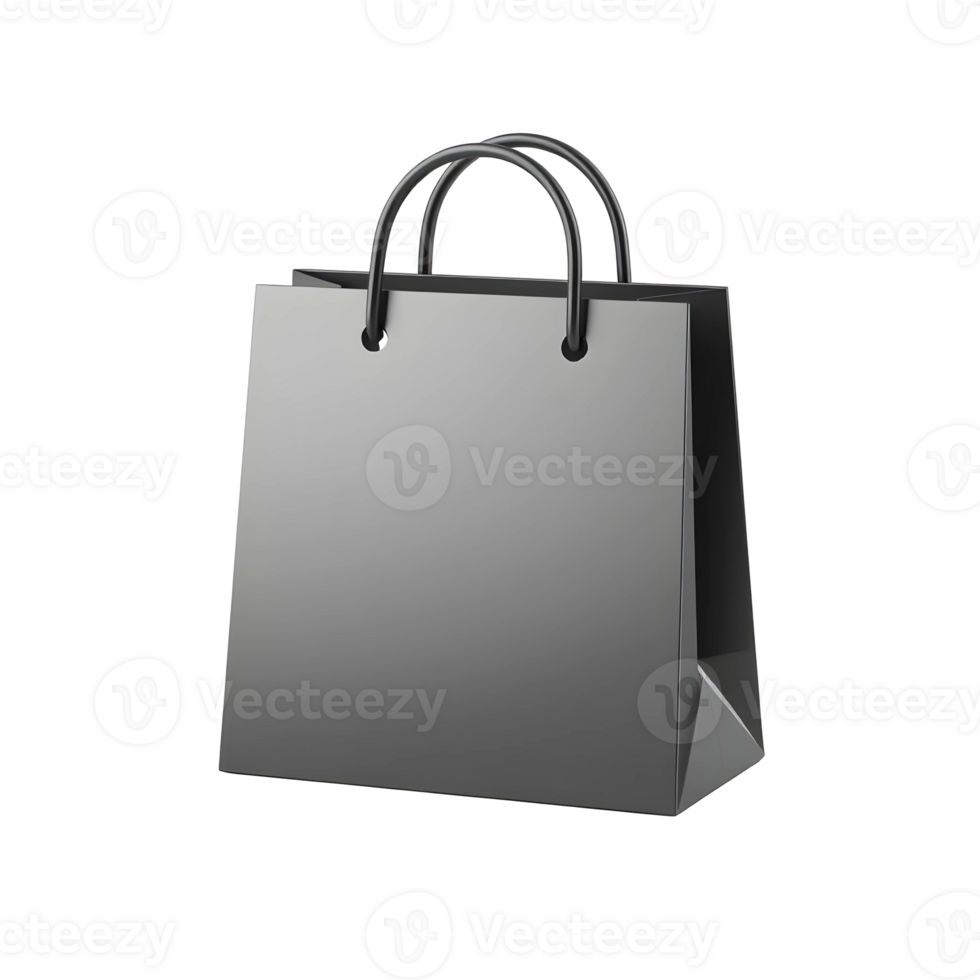 Glossy black shopping bag with handles on transparent background png