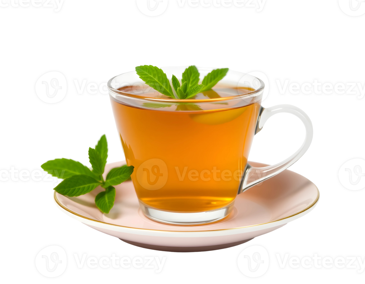 Refreshing Mint Herbal Tea in a Glass Cup on a Pink Saucer png