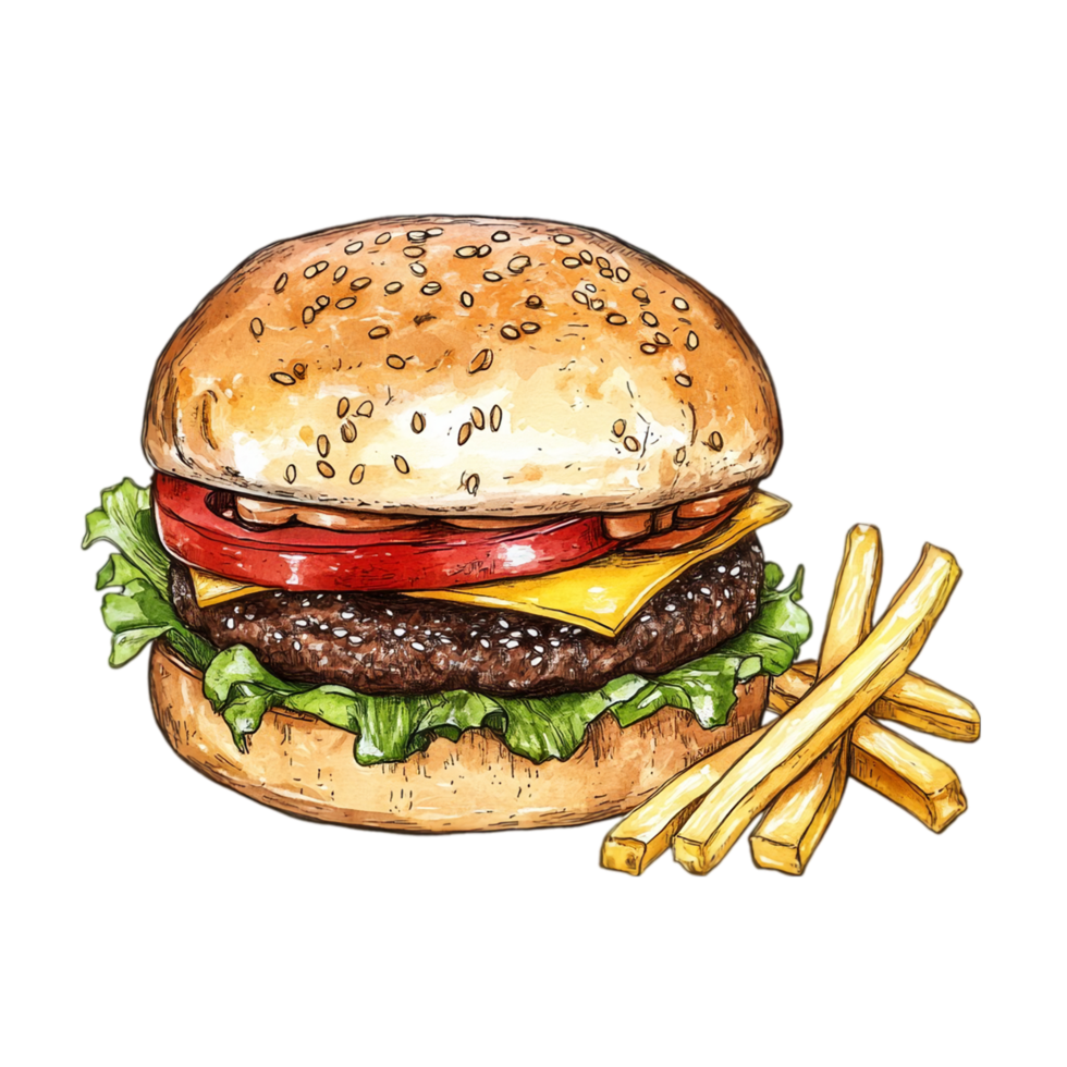 Delicious burger with fries fast food meal illustration isolated on transparent background png