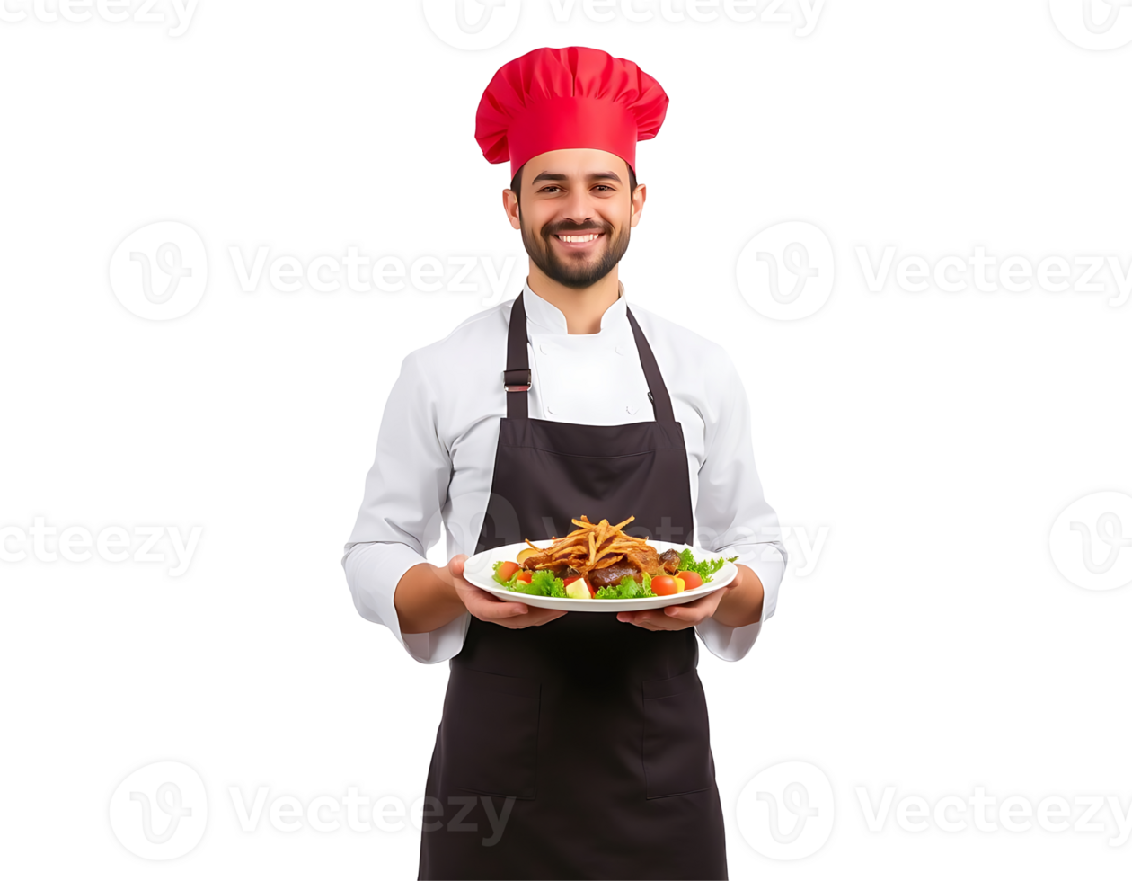 Smiling chef presenting a gourmet meal. png