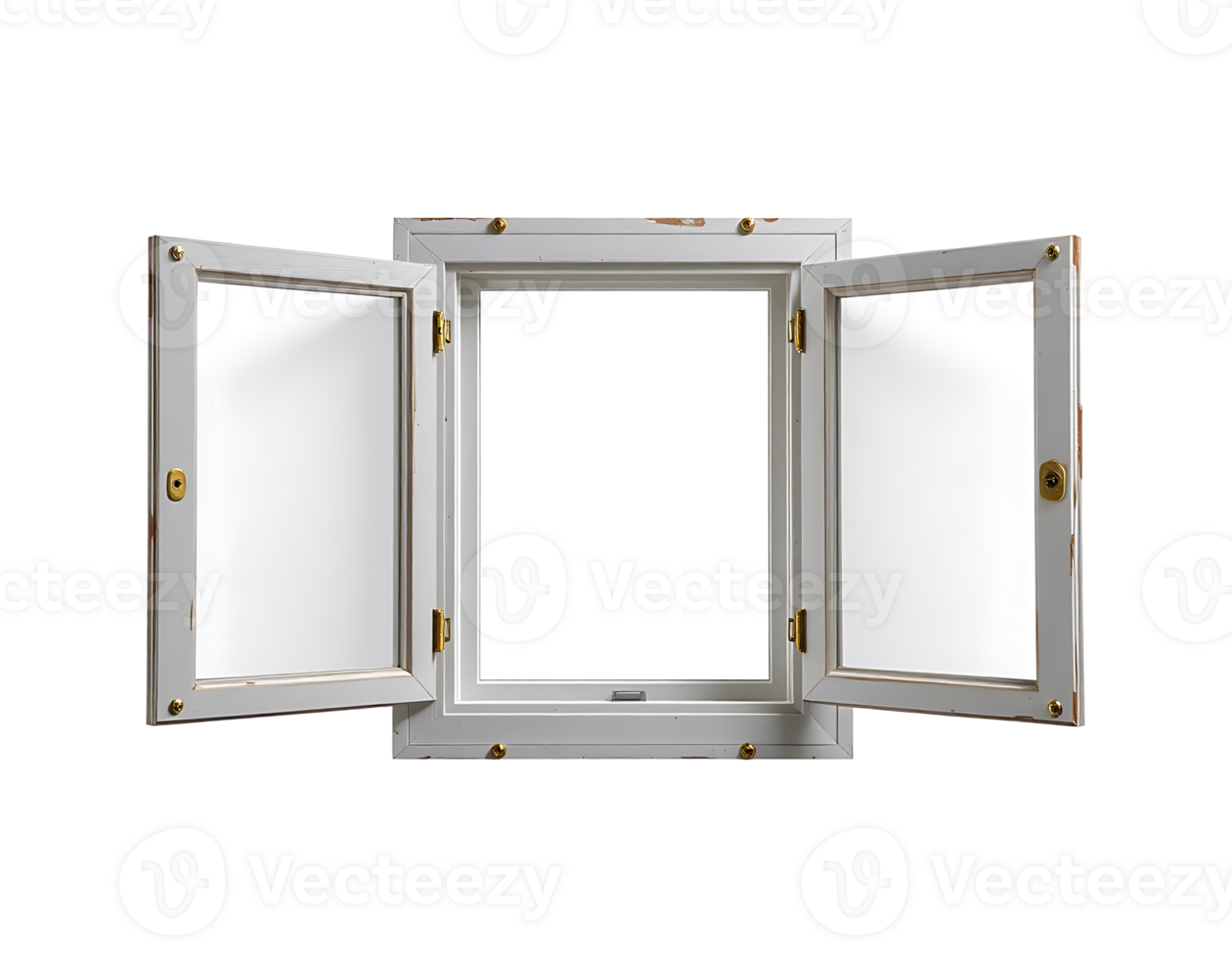 Open white wooden window with golden details on transparent background png