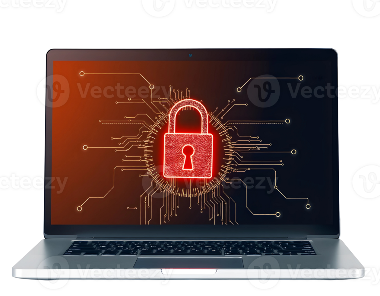 Laptop with a digital lock symbolizing cybersecurity and data protection in a red circuit board. png