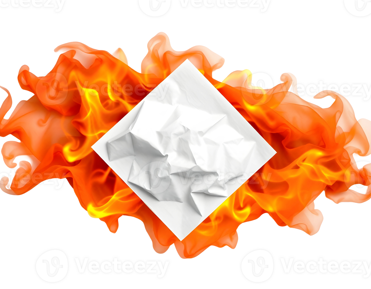 Crumpled paper ablaze with vibrant orange flames. png