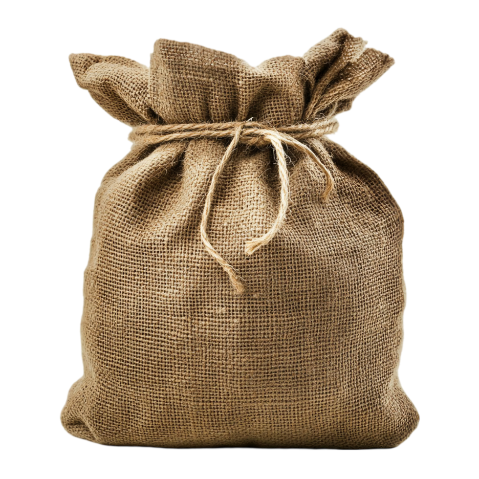 Sackcloth bag with rope close up on a plain background isolated on transparent background png