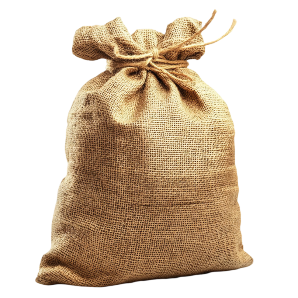 Sackcloth bag burlap pouch jute material textile brown isolated on transparent background png