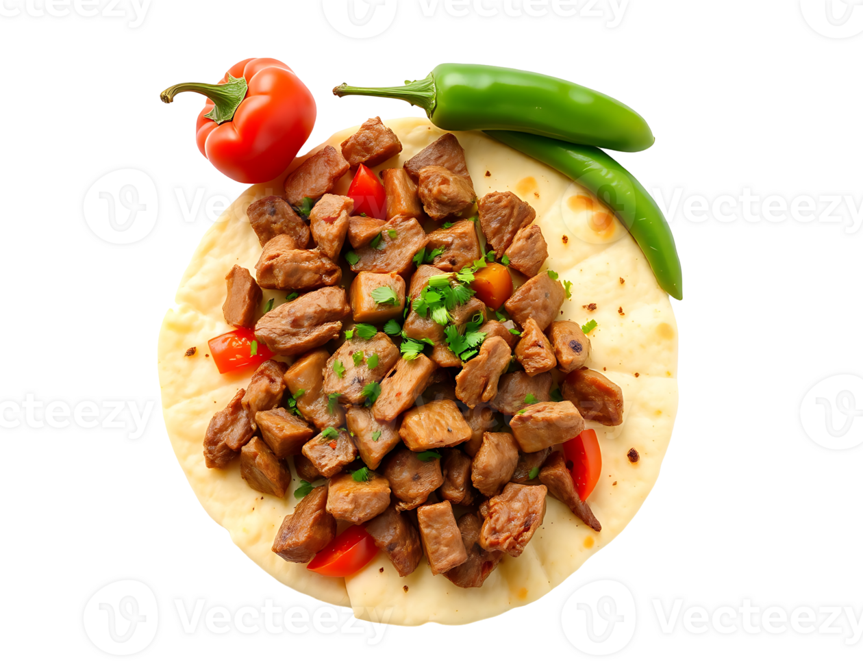Delicious Turkish meat dish with pita bread, peppers, and tomatoes. png