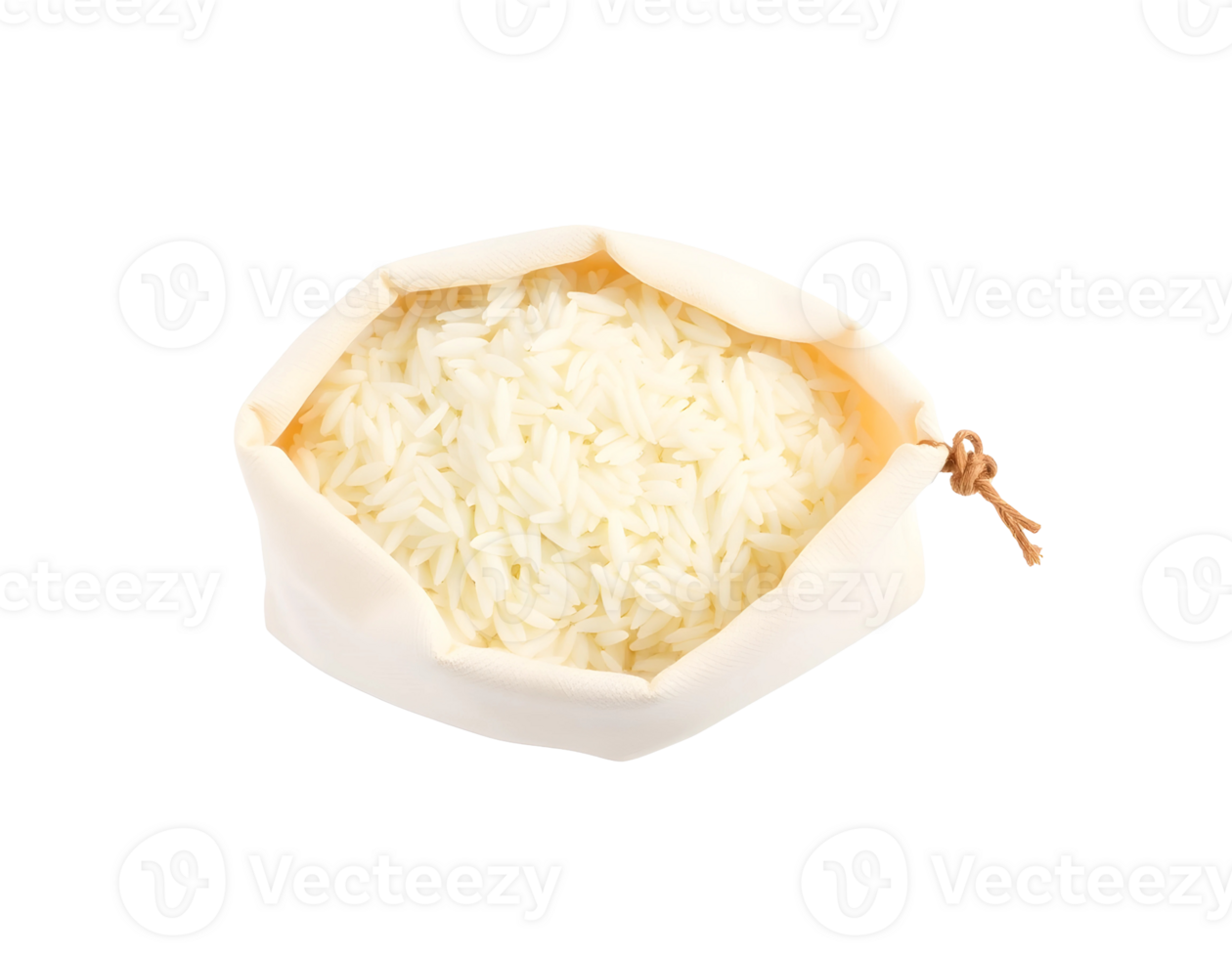 Close up of a bag filled with white rice grains, isolated on transparent background. png