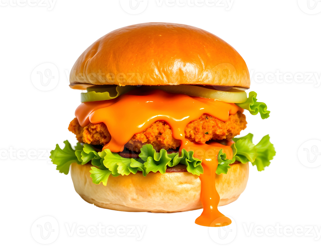 Delicious burger with fried chicken, cheddar cheese, lettuce, and pickles png