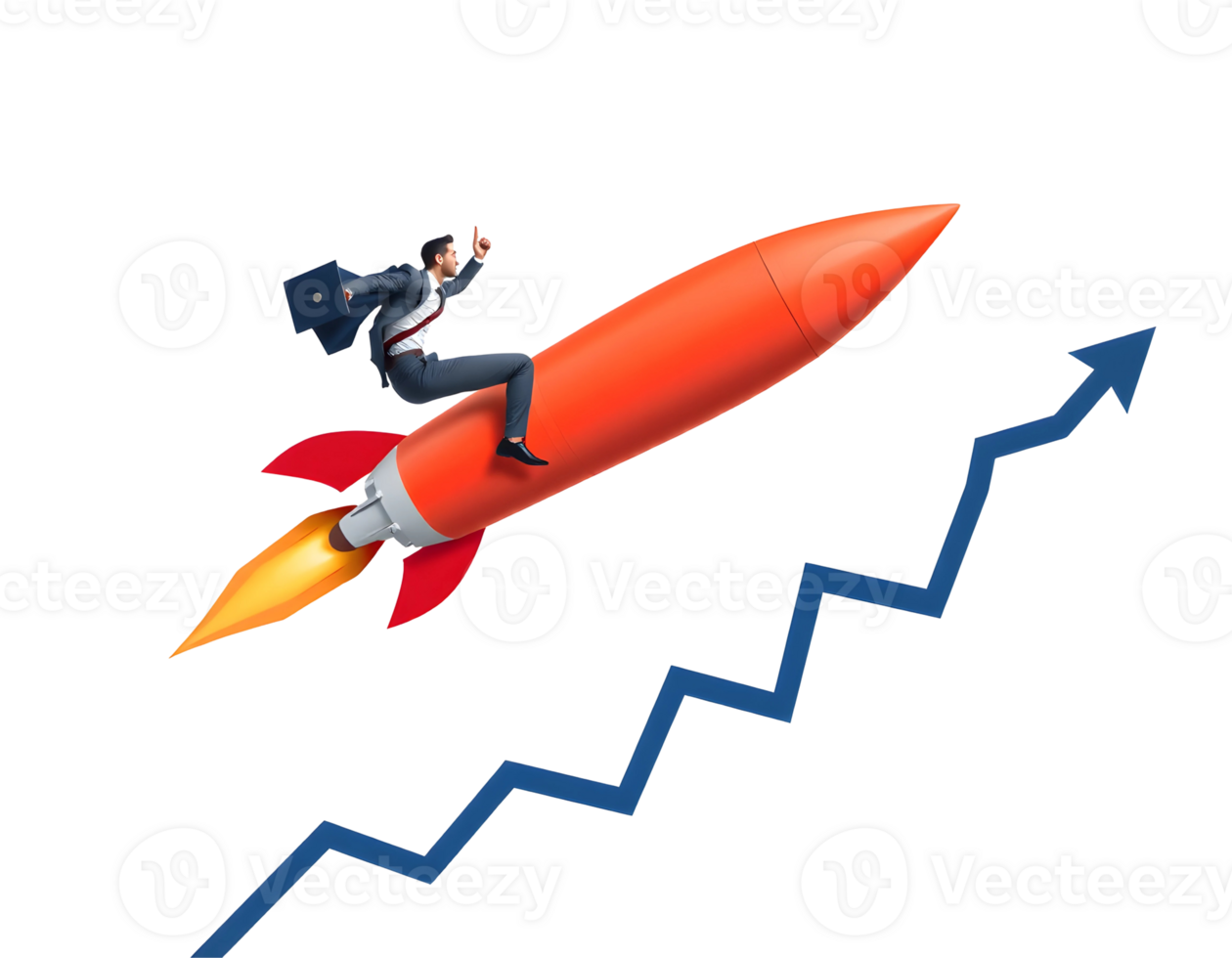 Business man on a rocket with a rising graph symbolizing growth and success. png