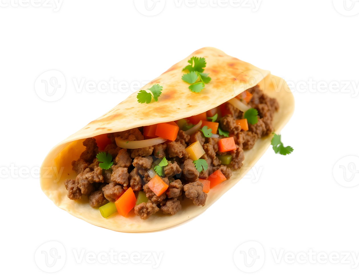Close-up of a delicious homemade taco filled with meat and vegetables png