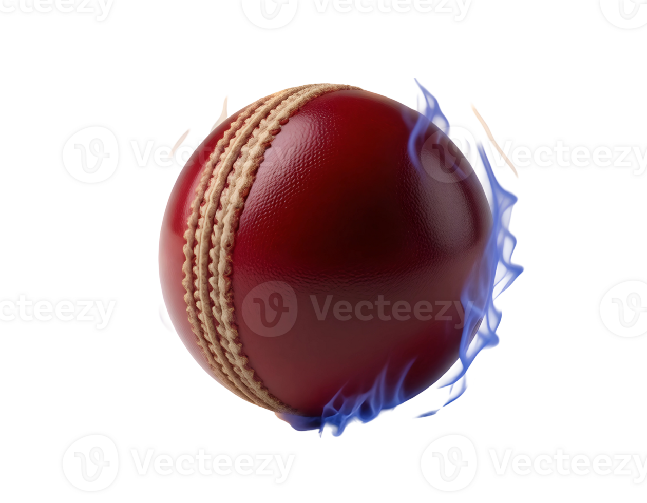 A red cricket ball with blue flames on a transparent background. png