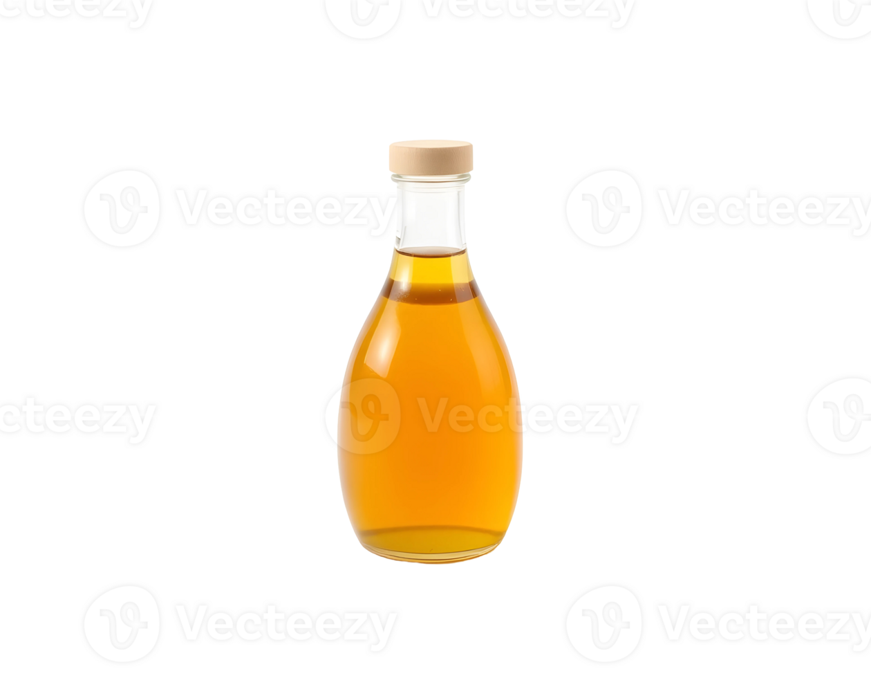 Glass bottle filled with amber liquid and wooden cap. png
