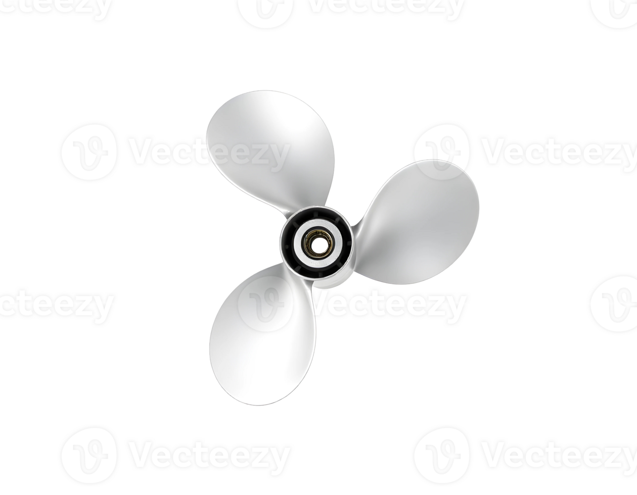 Close-up of a three-bladed silver propeller, isolated against a transparent background. png