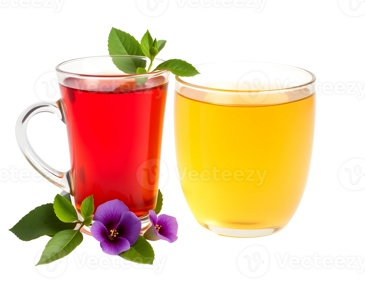 Two glasses of different types of tea with floral and mint decorations png