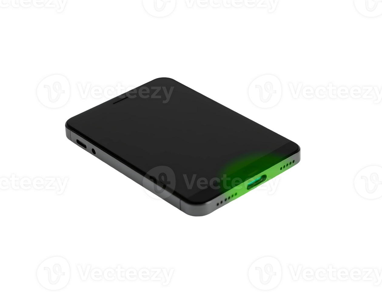 Isometric view of a modern black smartphone with a silver frame and green light. png