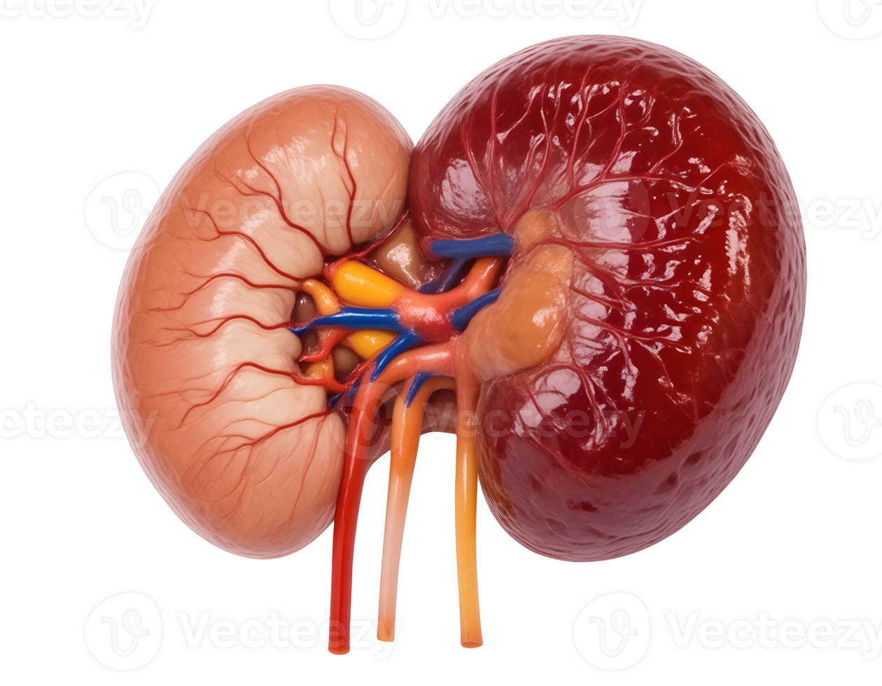 Detailed Medical Illustration of Human Kidneys and Associated Vessels png