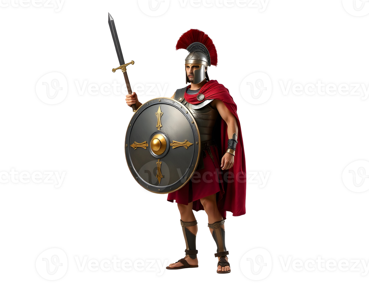Roman soldier in full armor holding a sword and shield. png