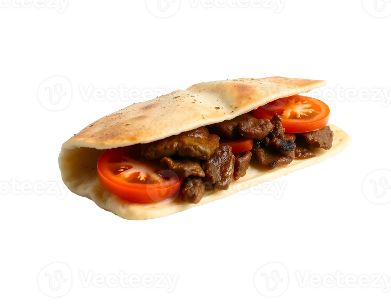 Delicious sandwich with grilled meat, tomatoes and pita bread png