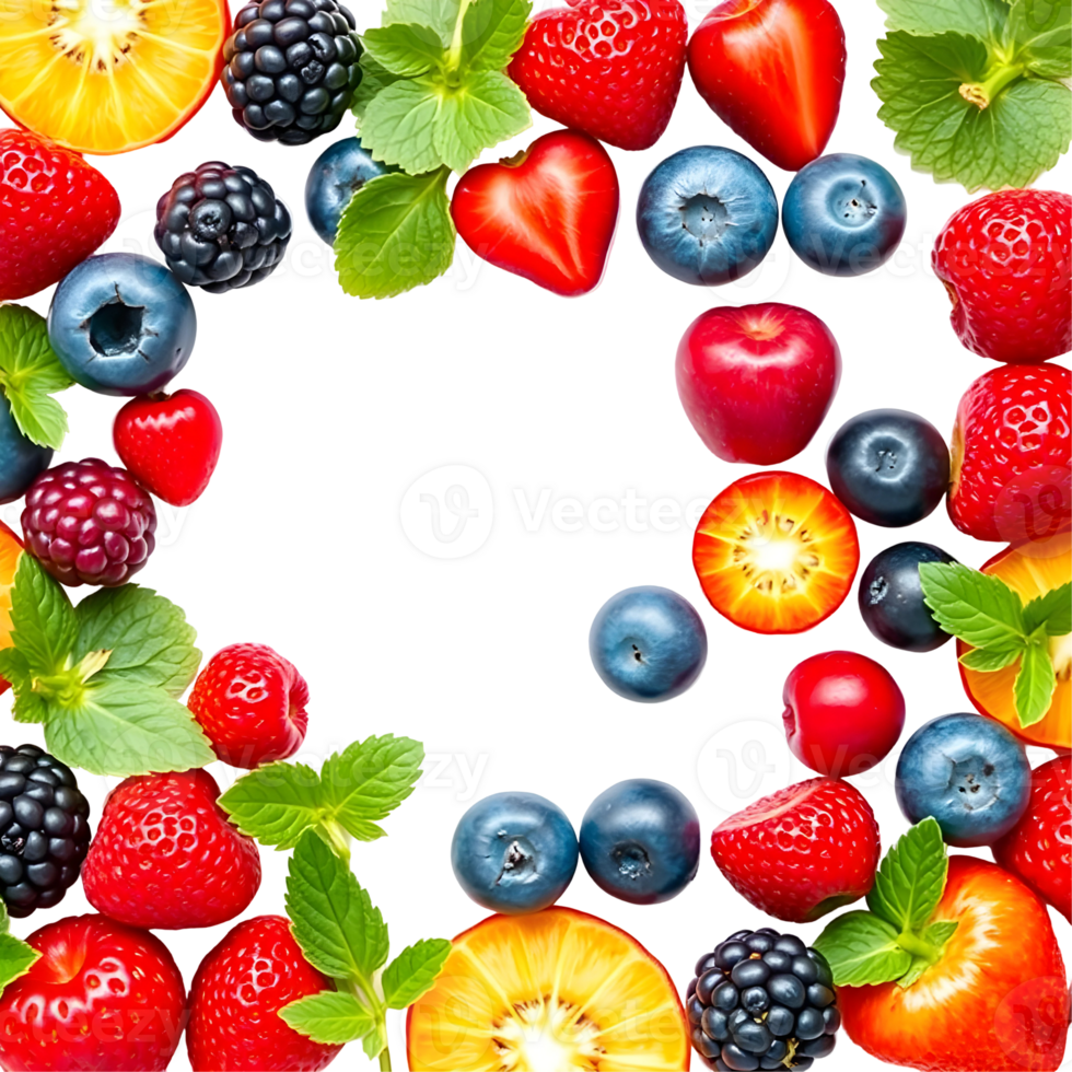 Colorful mix of fresh berries and fruits with mint leaves png
