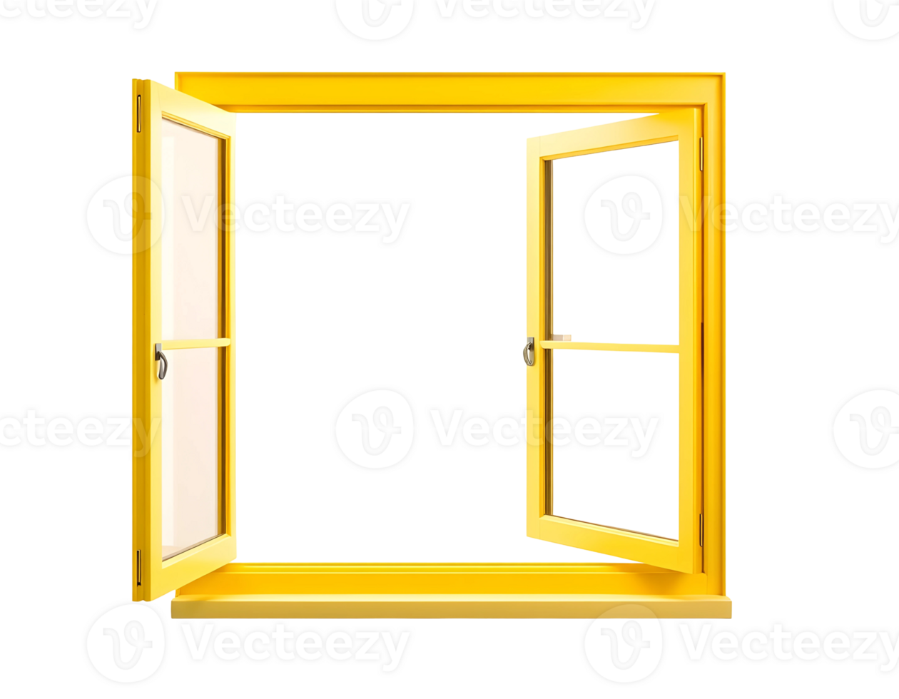 Open yellow window frame with transparent glass png