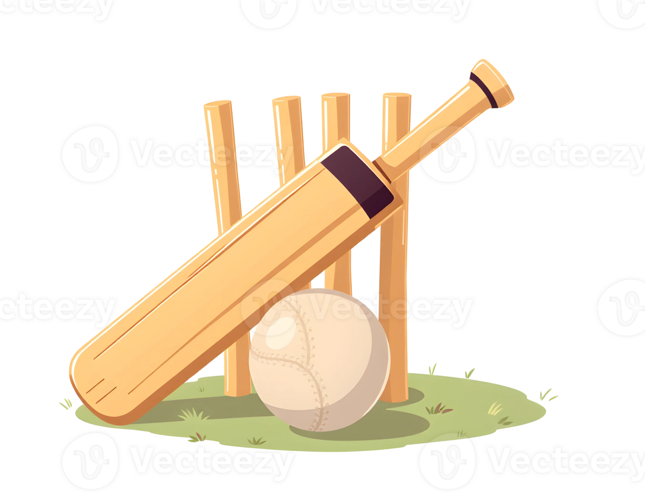 Cricket Bat, Ball and Wicket on Green Grass png