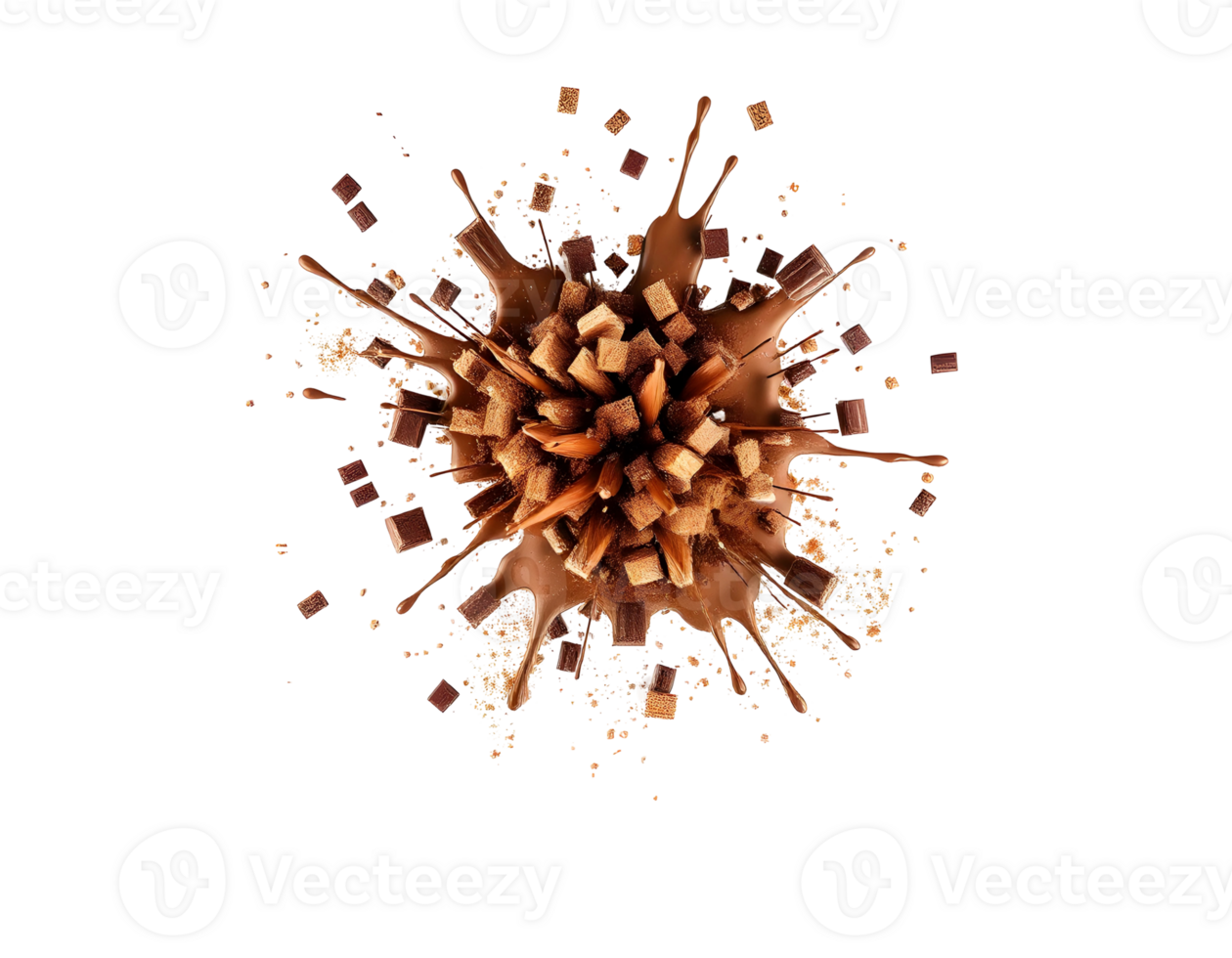 Chocolate explosion with chocolate cubes and splash on transparent background png