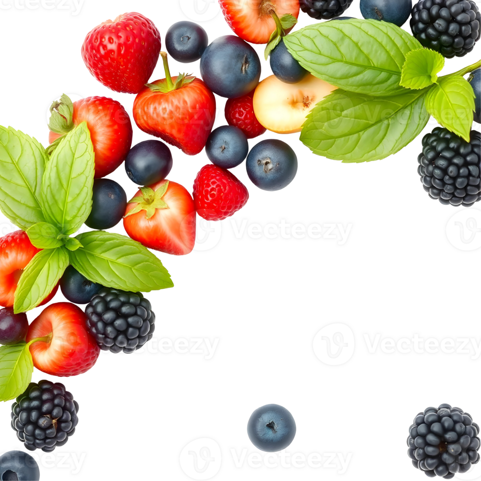 Assortment of fresh berries with mint leaves on a transparent background png