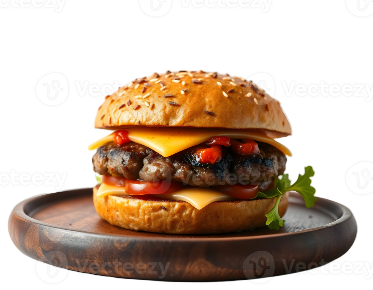 Delicious Cheeseburger on a Wooden Plate png