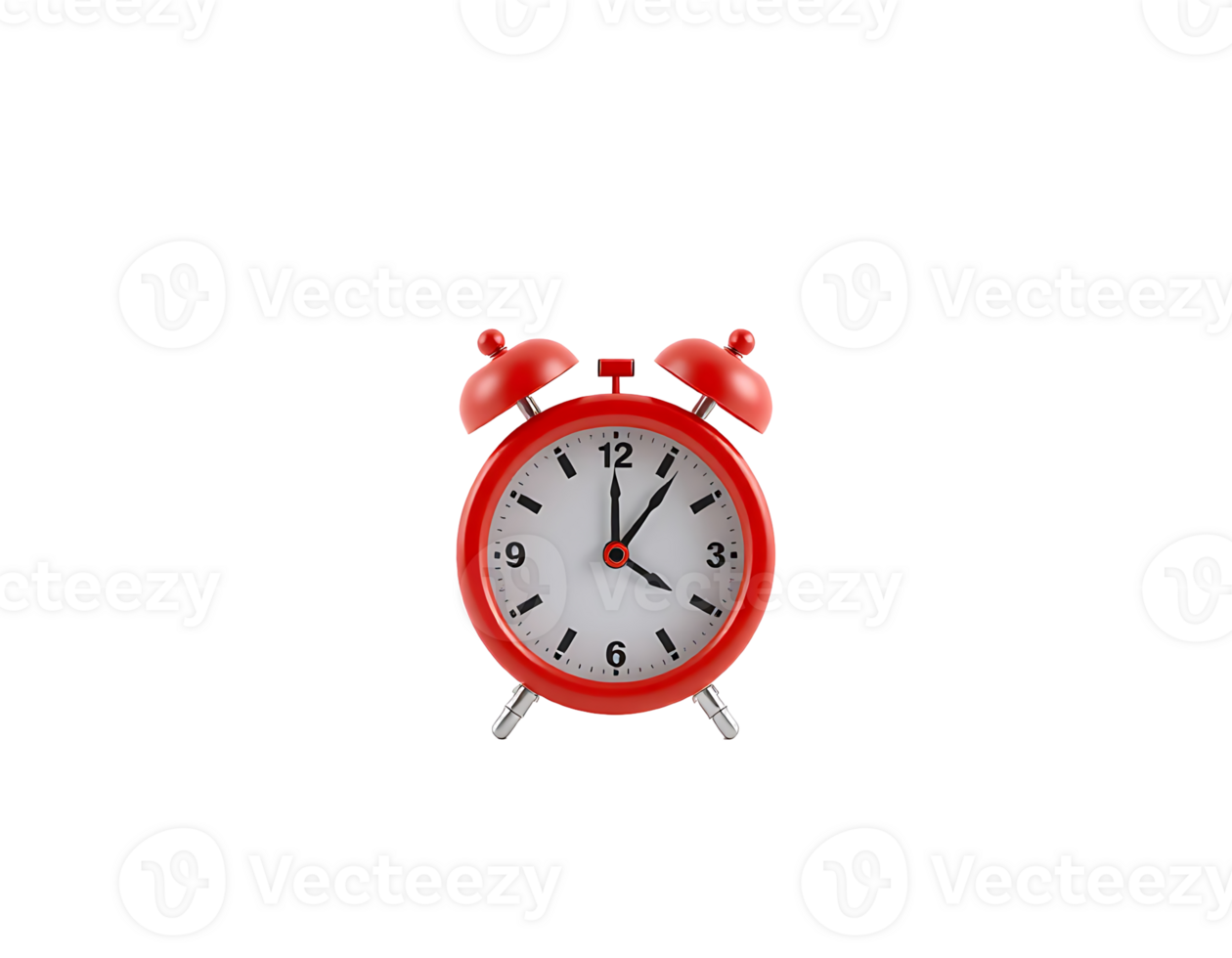 Red alarm clock on a transparent background showing the time, close up. png