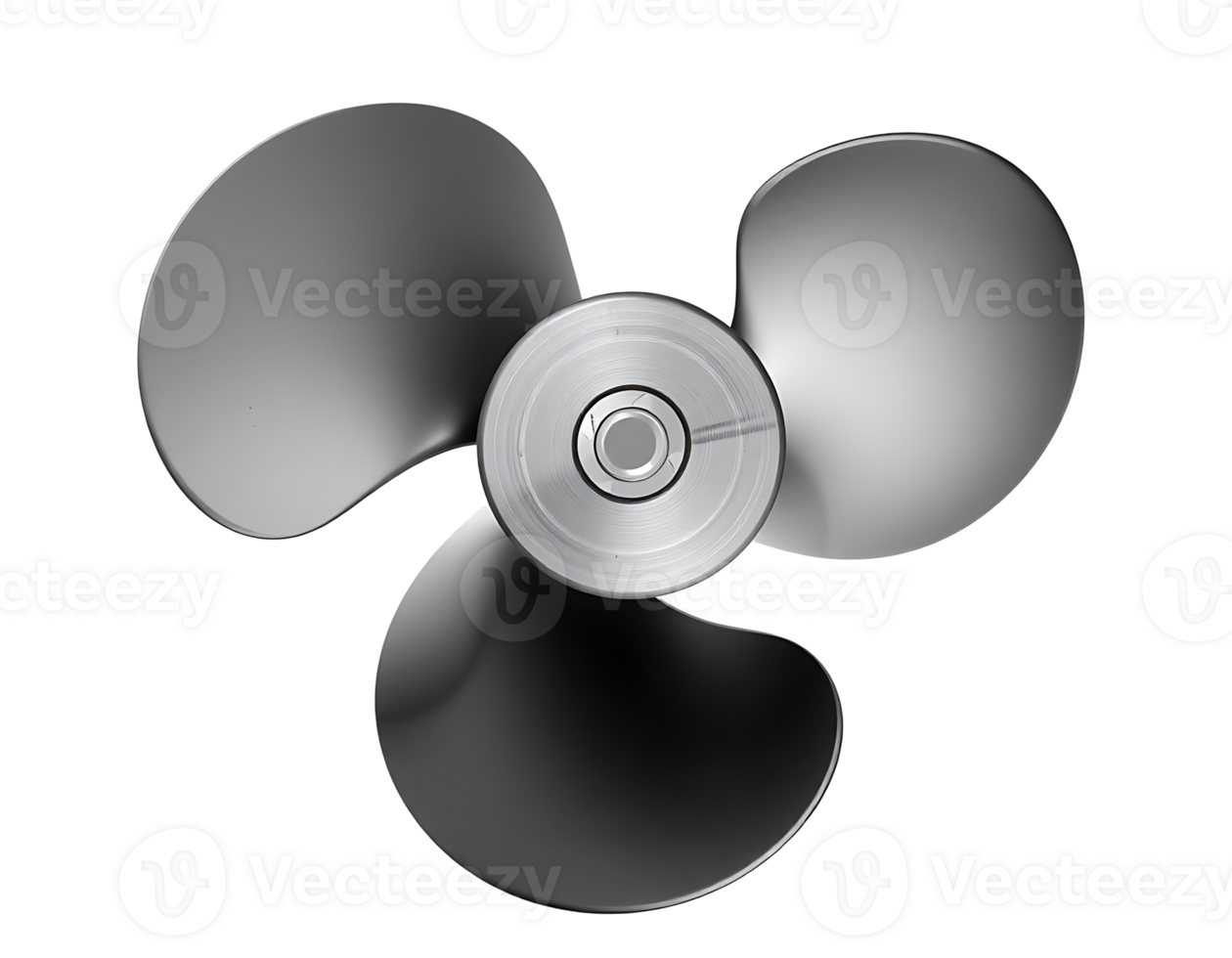 Close-up of a metallic propeller with three blades on a transparent background png