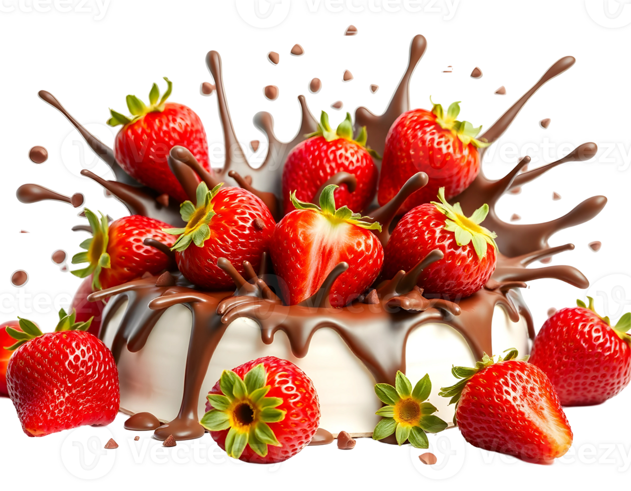 Strawberry cake with chocolate splash, a delicious dessert. png