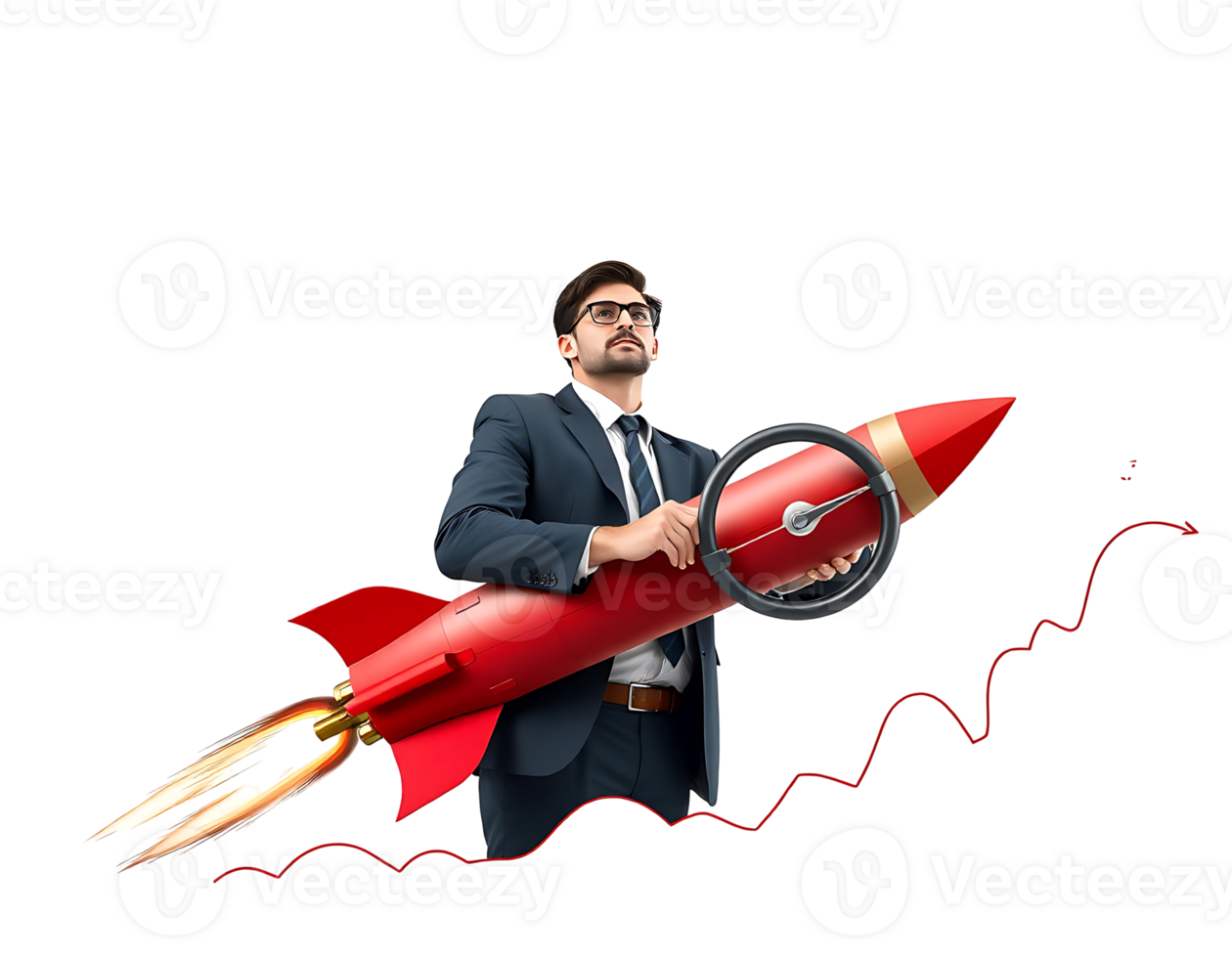 Business man on a rocket, soaring towards success and innovation. png