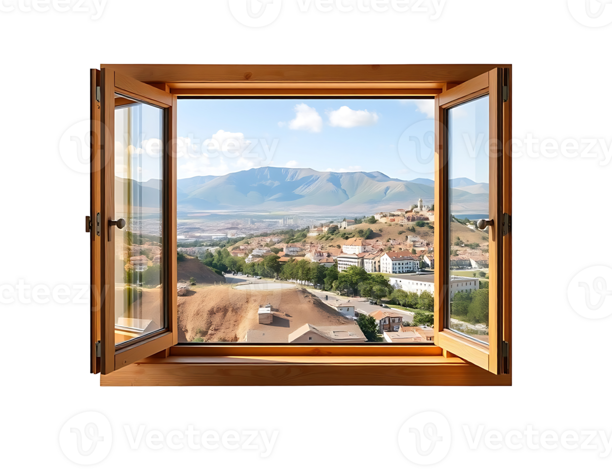 Open window with a beautiful view of a town and mountains under a blue sky png