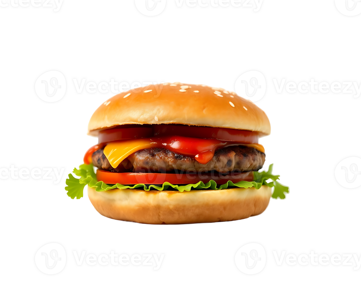 Delicious cheeseburger with fresh ingredients, served on a sesame seed bun. png