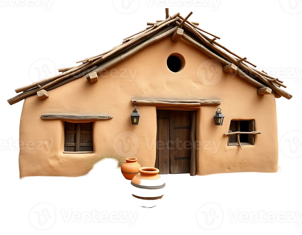 Charming Adobe House with Thatched Roof and Pottery Decor png